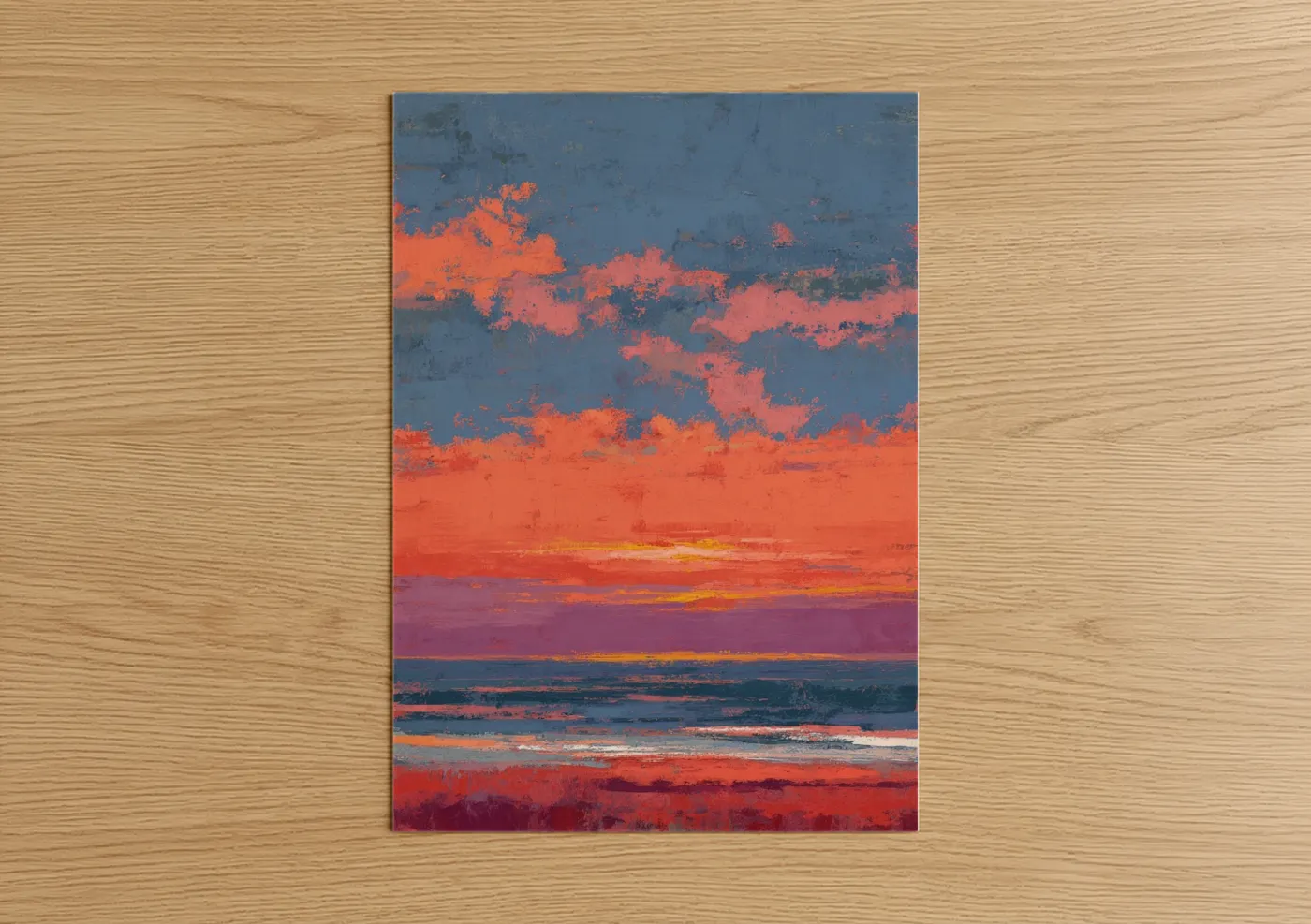 Summer art print on warm oak wood — orange and blue palette — Crimson Sunset poster