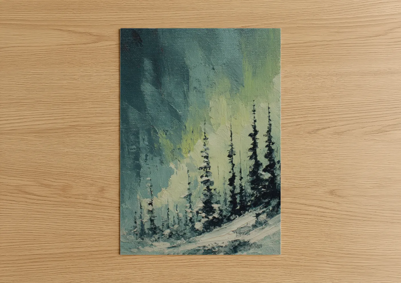 Northern lights art print on warm oak wood — teal and cream palette — Snowy Aurora Forest poster