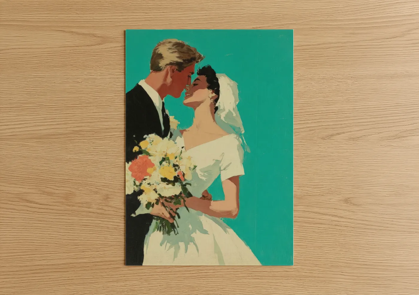 Groom and bride art print on warm oak wood — teal and cream palette — Vintage Wedding Kiss poster