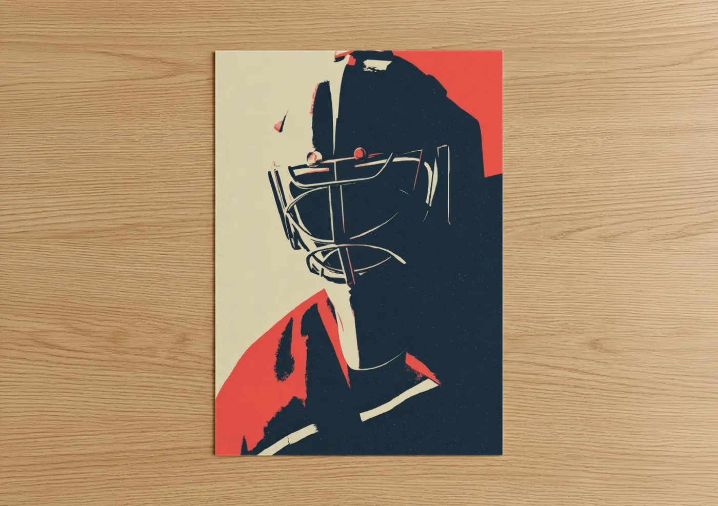 Ice hockey art print on warm oak wood — black and orange palette — Bold Goalie poster