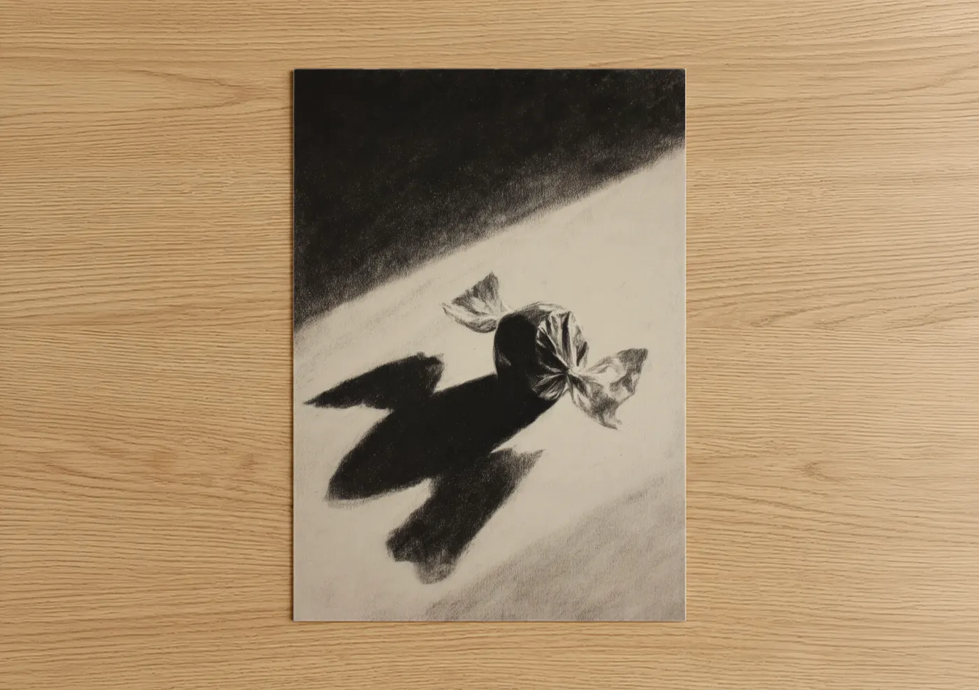 Sweet art print on warm oak wood — black and white palette — Wrapped Candy Study poster