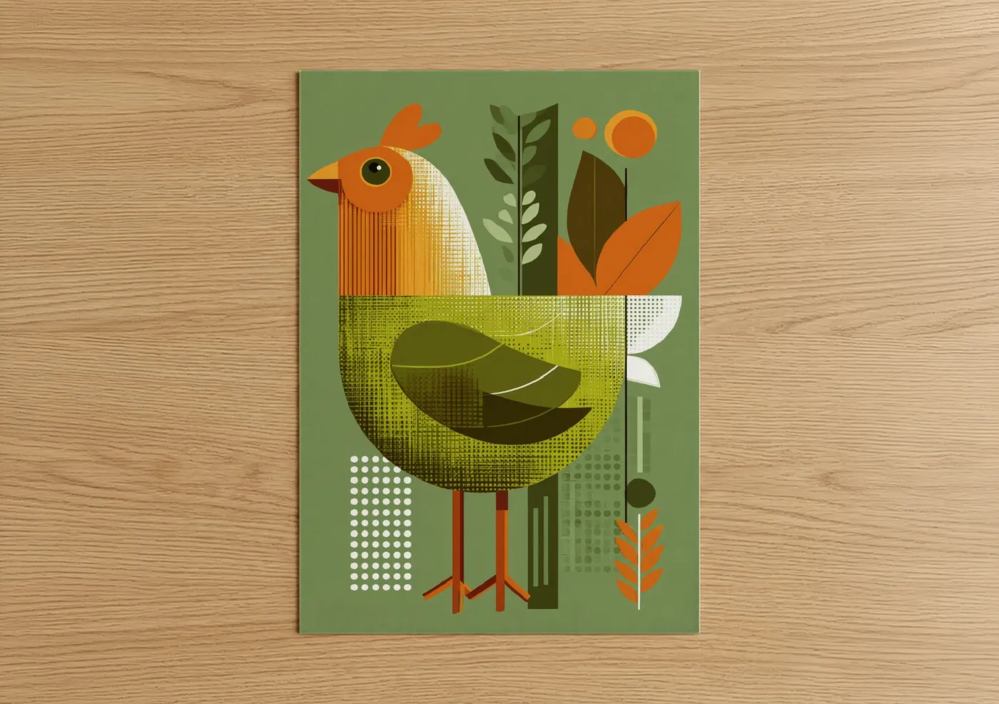 Chicken and roosters art print on warm oak wood — orange and sage green palette — Geometric Rooster poster
