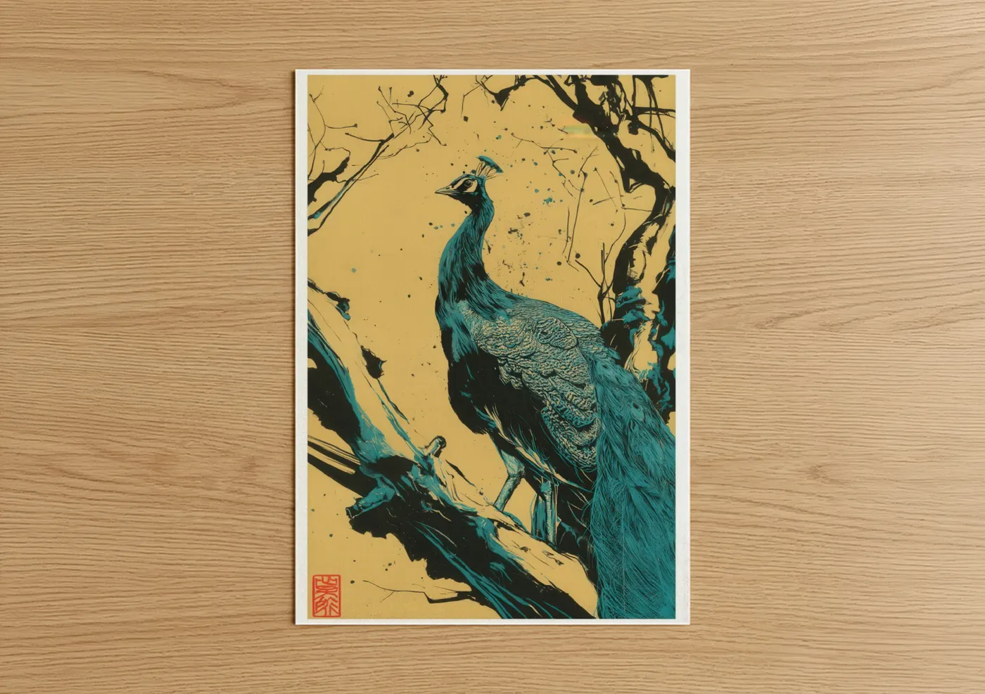 Art print on warm oak wood — gold and teal palette — Turquoise Peacock poster