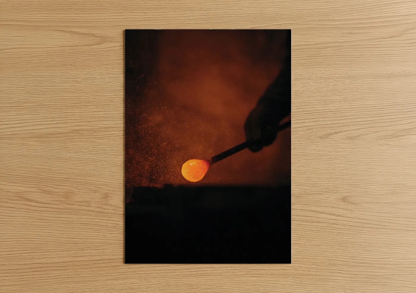 Glassworking art print on warm oak wood — orange and black palette — Molten Glow poster