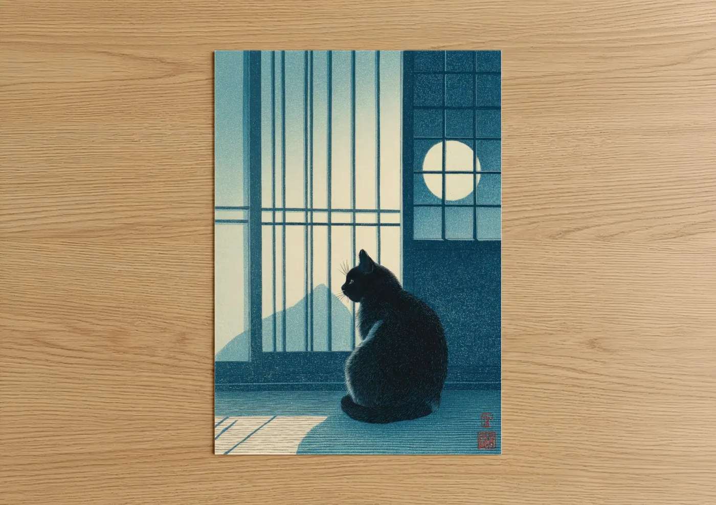 Black Cat Moon Window Japanese Wall Art