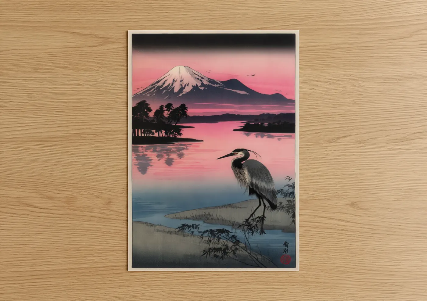 Art print on warm oak wood — salmon pink and blue and gray palette — Pink Heron Sunset poster