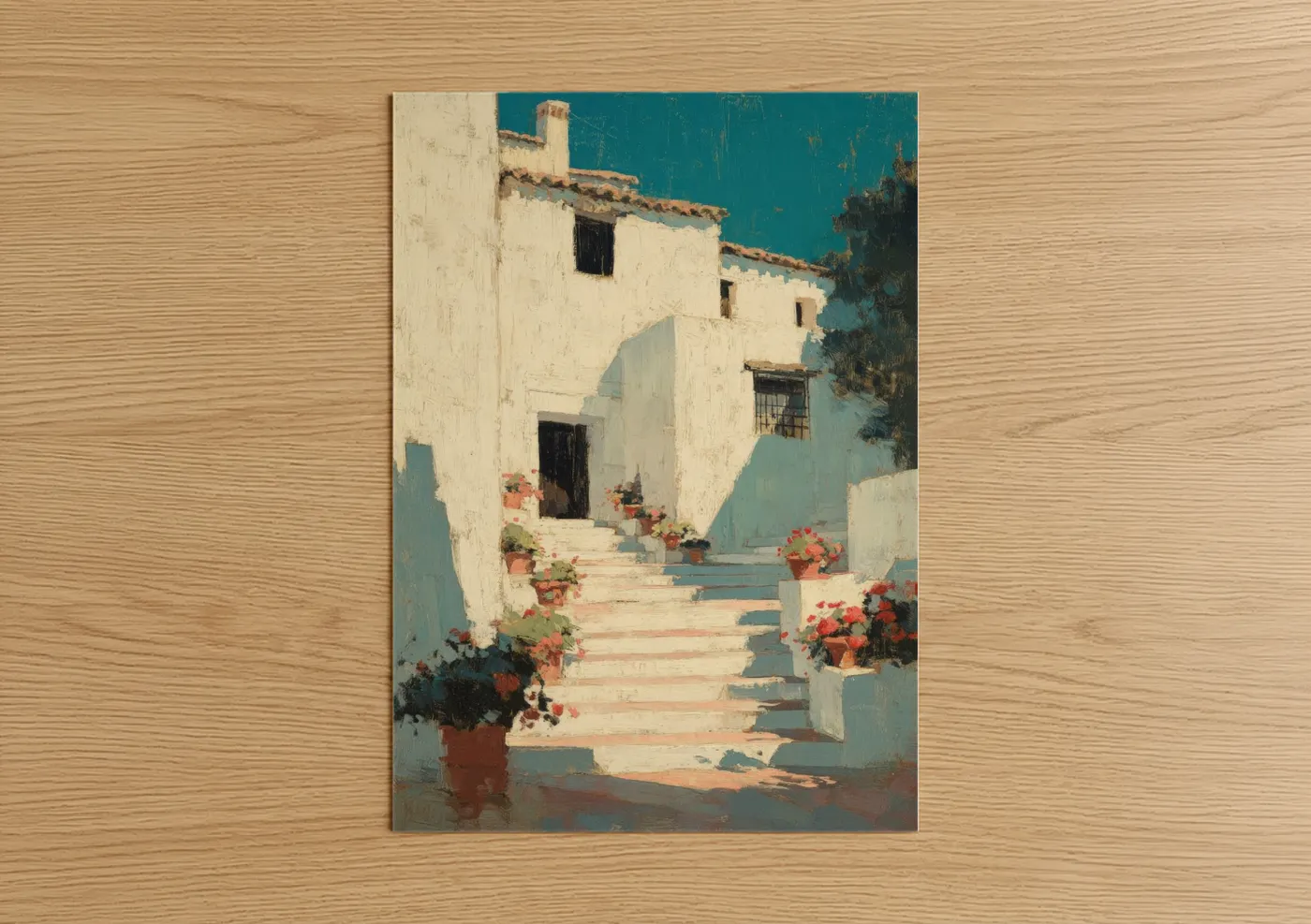 Masonry art print on warm oak wood — cream and teal palette — Mediterranean Courtyard poster