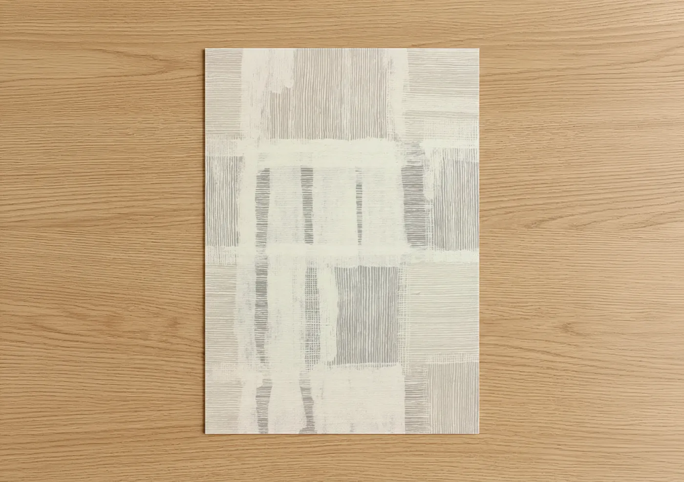 Abstract minimalist art print on warm oak wood — white and gray palette — Minimalist Textured Compose poster
