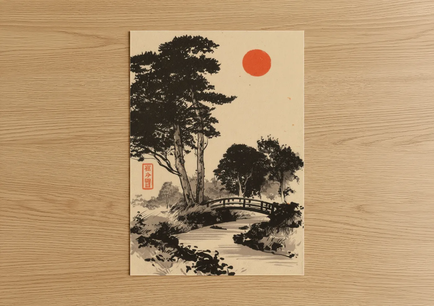 Crimson Sunset Bridge Japanese Landscape Wall Art