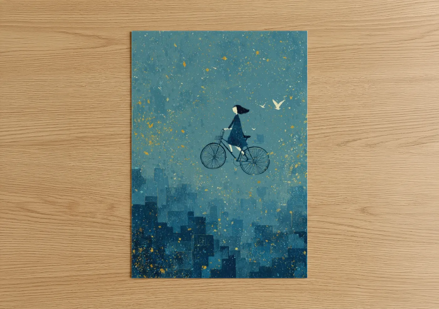 Urban bicycle art print on warm oak wood — teal and gold and white palette — Dreaming Cyclist poster