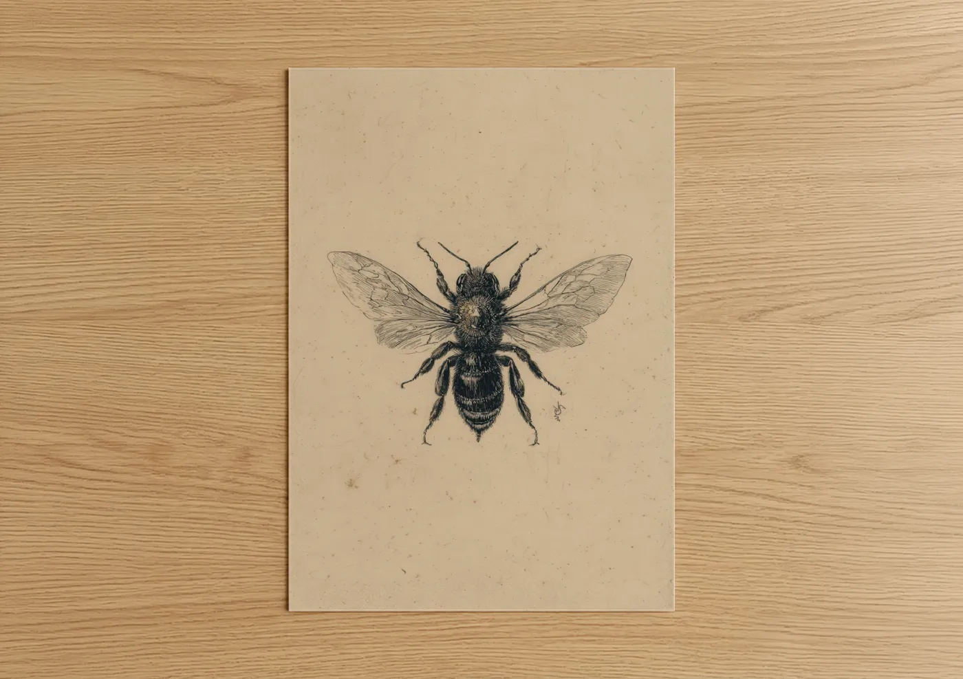 Art print on warm oak wood — beige and black palette — Detailed Bee Study poster