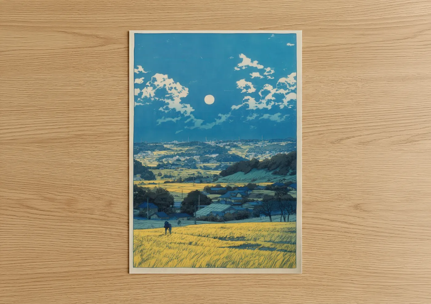 Various landscapes art print on warm oak wood — blue and yellow gold palette — Moonlit Countryside poster