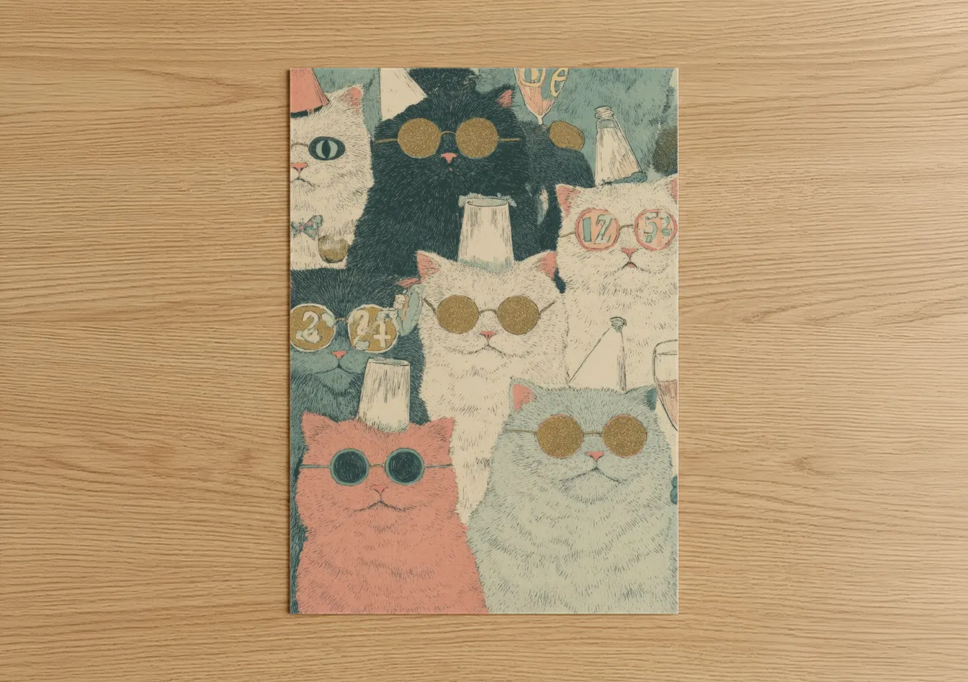 Colorful Cats New Year's Eve Celebration Wall Art