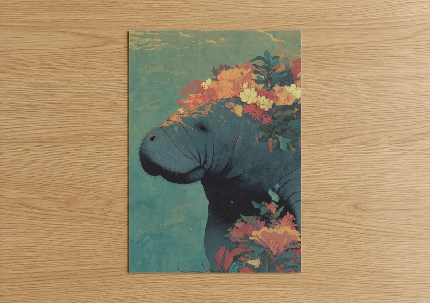 Manatees art print on warm oak wood — turquoise and salmon pink palette — Floral Manatee poster