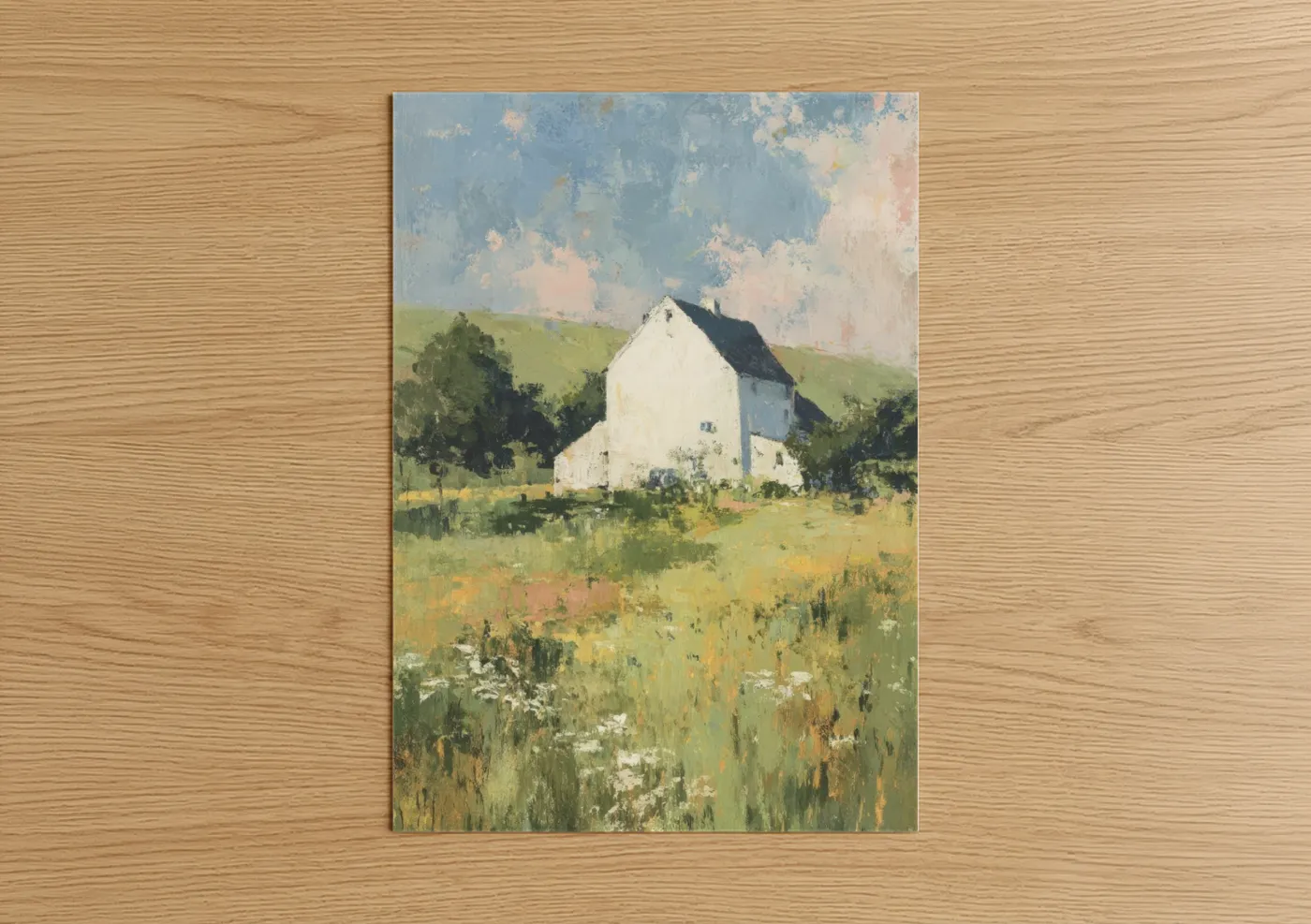 Art print on warm oak wood — light green and blue and white palette — Pastoral Farm Cottage poster
