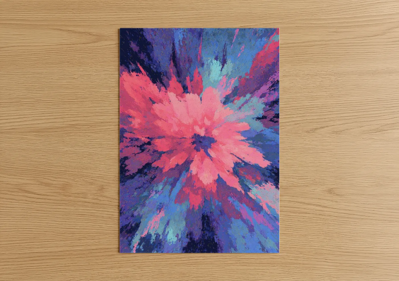 Northern lights art print on warm oak wood — magenta and blue palette — Cosmic Aurora Burst poster