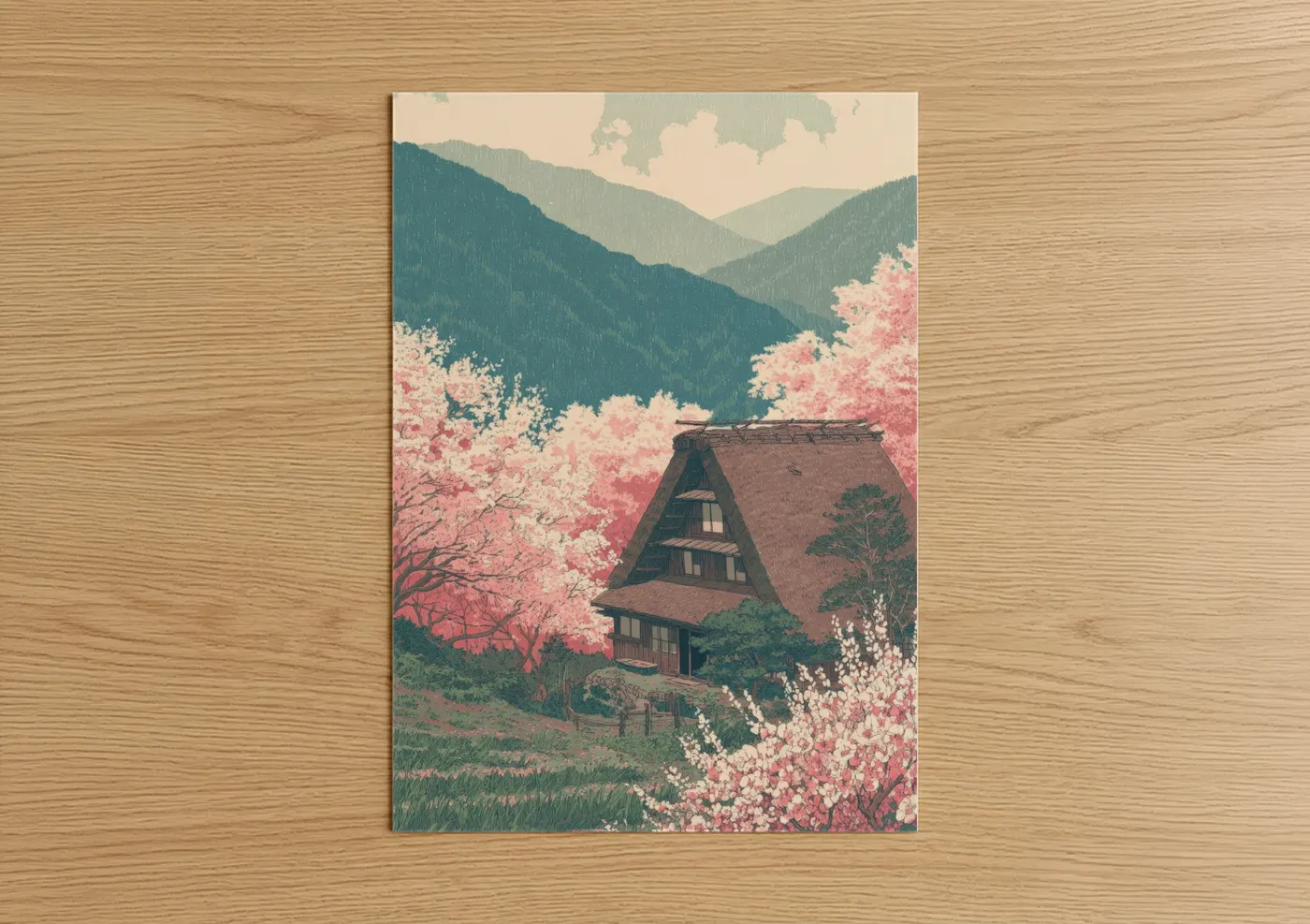 Cherry Blossom Cottage Mountain Landscape Wall Art