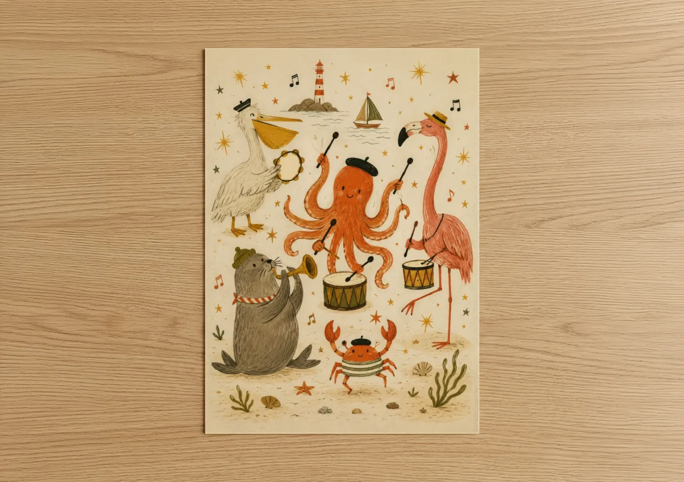 Octopus art print on warm oak wood — peach and cream palette — Musical Sea Animals Band Wall Art poster
