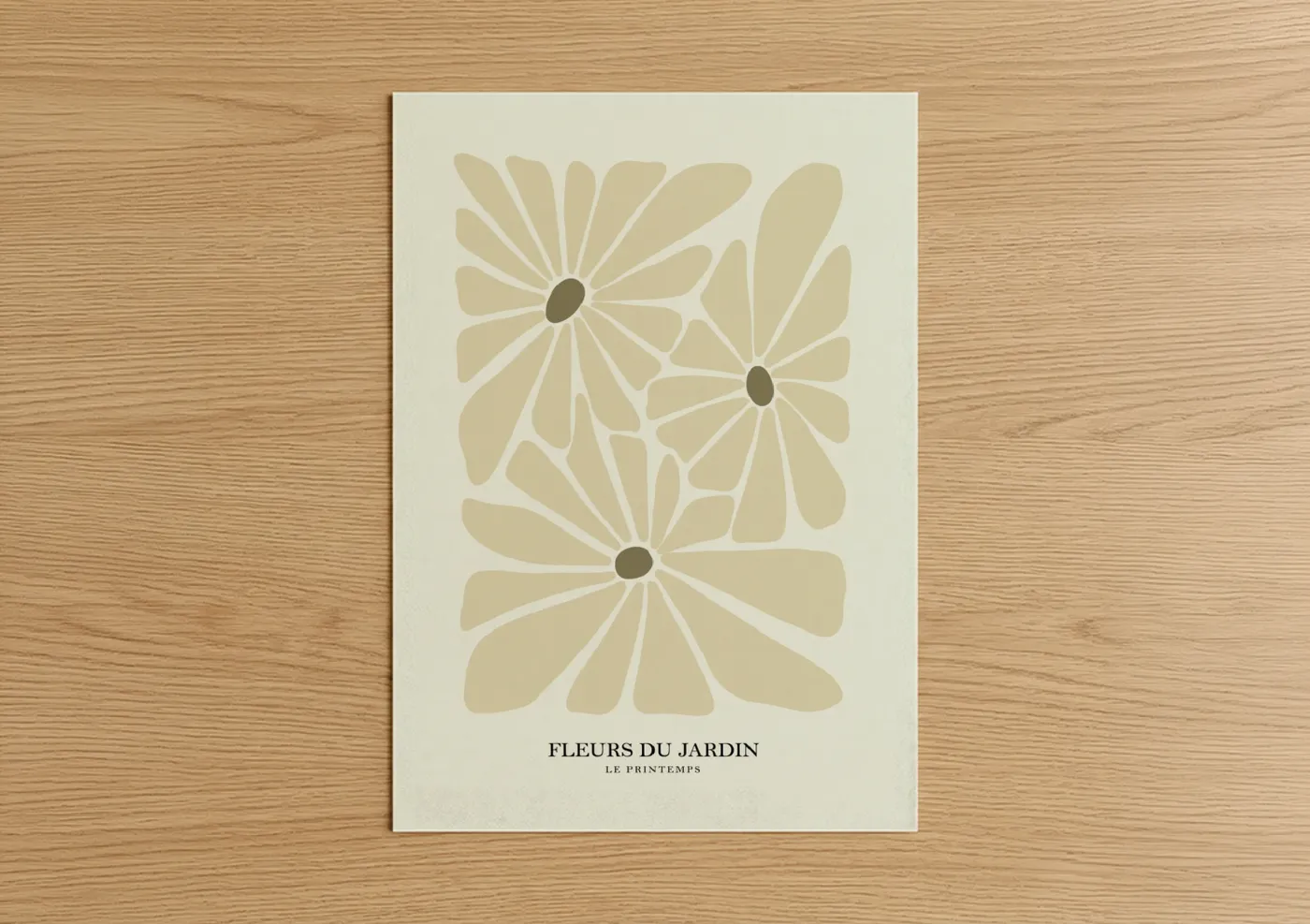Abstract flower art print on warm oak wood — cream and beige palette — Botanical Garden Flowers poster