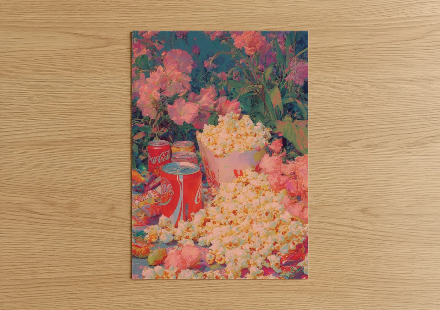 Art print on warm oak wood — pink and teal palette — Floral Popcorn Dream poster