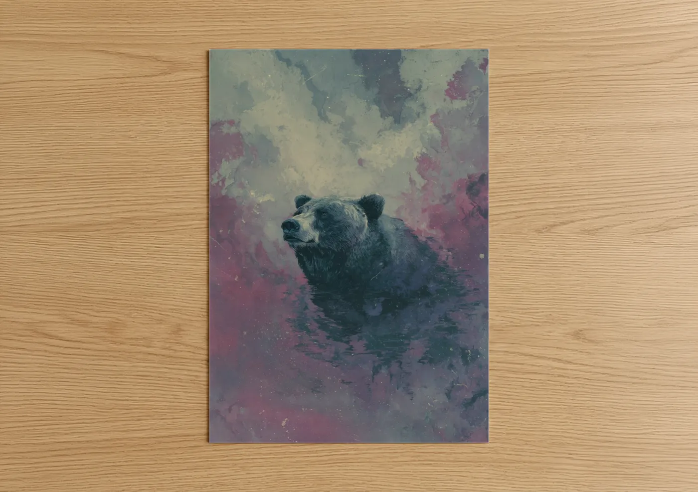Grizzly bear art print on warm oak wood — lavender and rose gold palette — Ethereal Grizzly poster