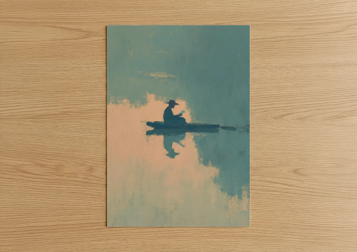 Reading art print on warm oak wood — teal and peach palette — Solitary Reader poster