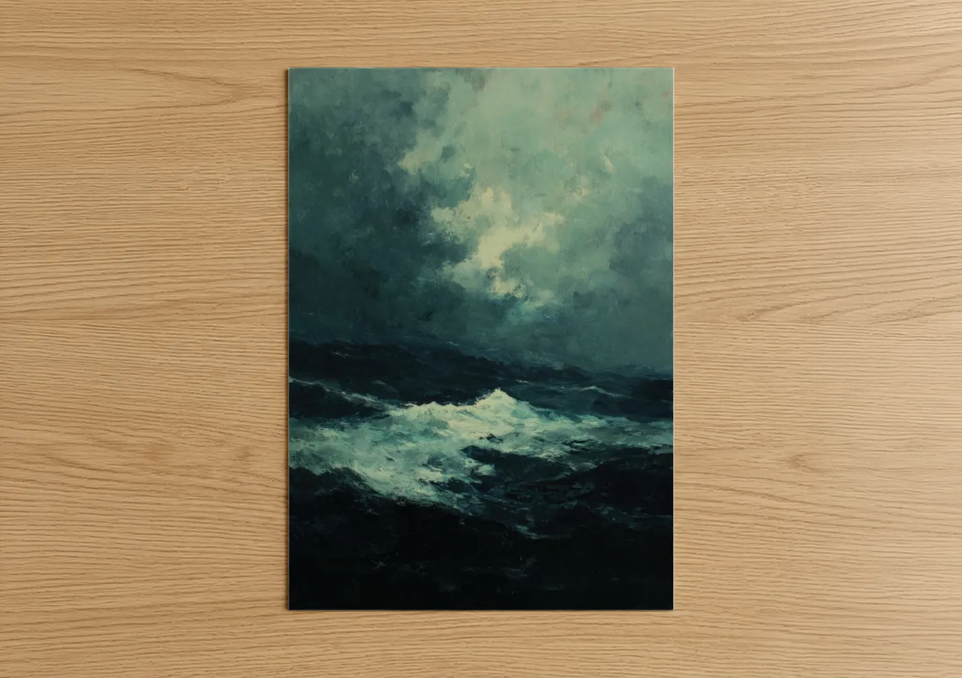 Seascapes and ocean art print on warm oak wood — teal and dark blue palette — Stormy Ocean poster