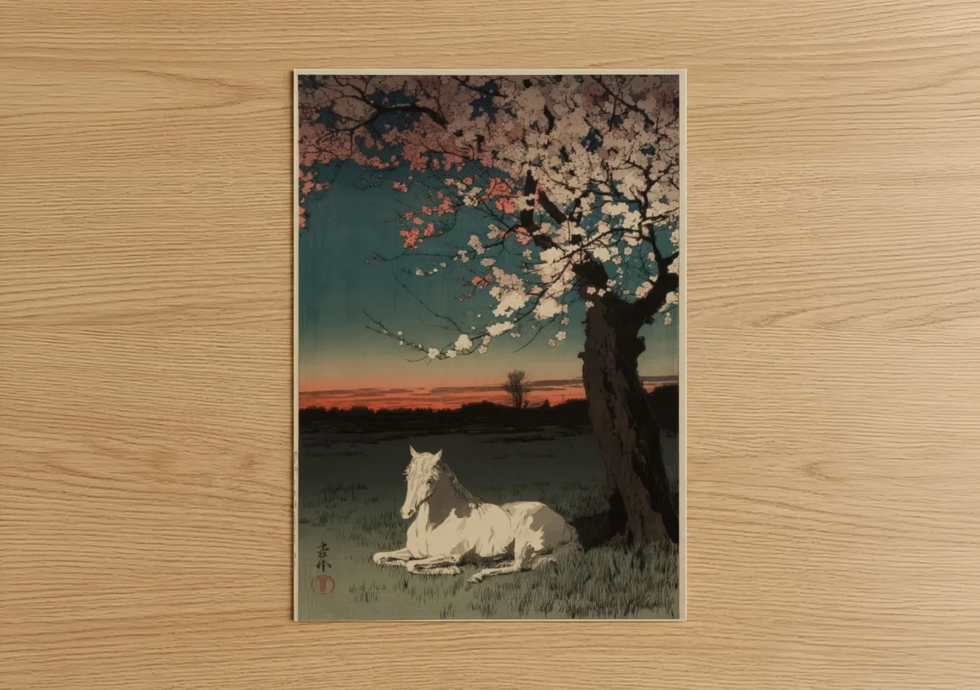White Miniature Horse Cherry Blossom Sunset Wall Art
