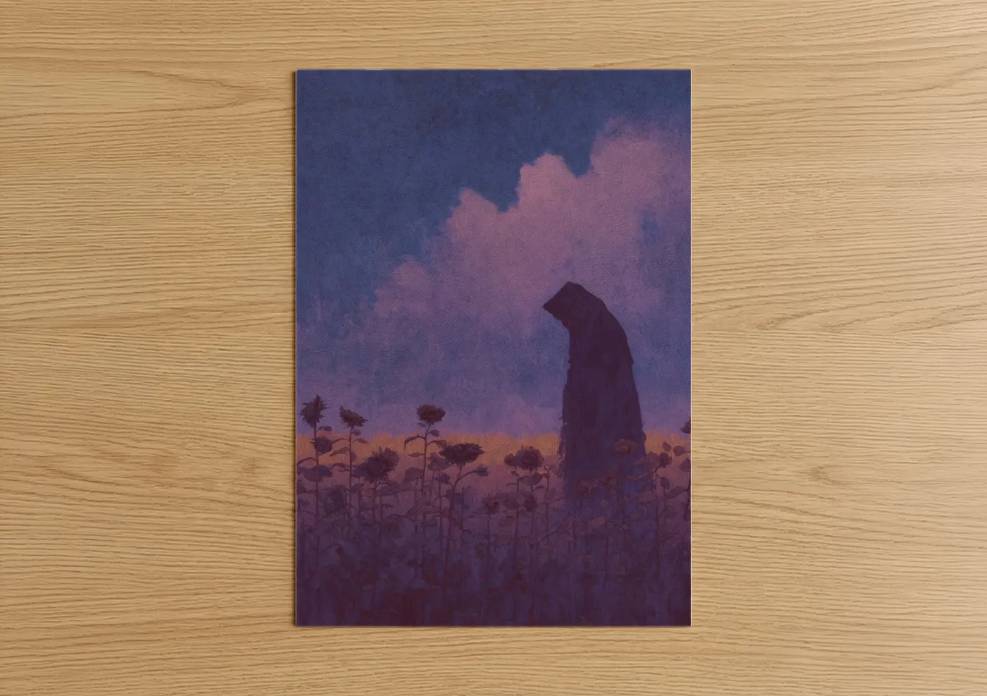 Dark fantasy art print on warm oak wood — purple and peach palette — Solitary Specter poster