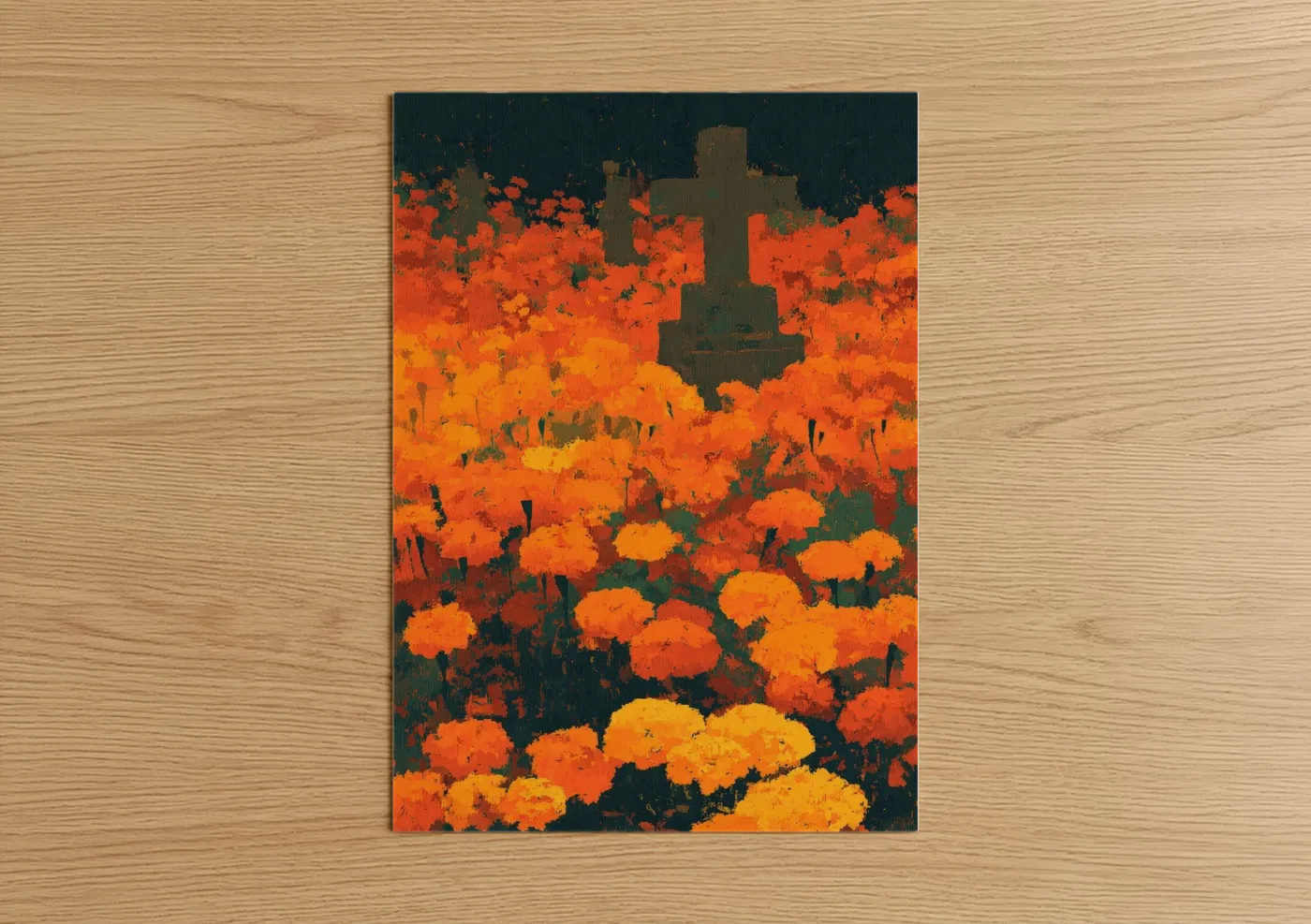 Dia de los muertos art print on warm oak wood — orange and teal palette — Marigold Memorial poster