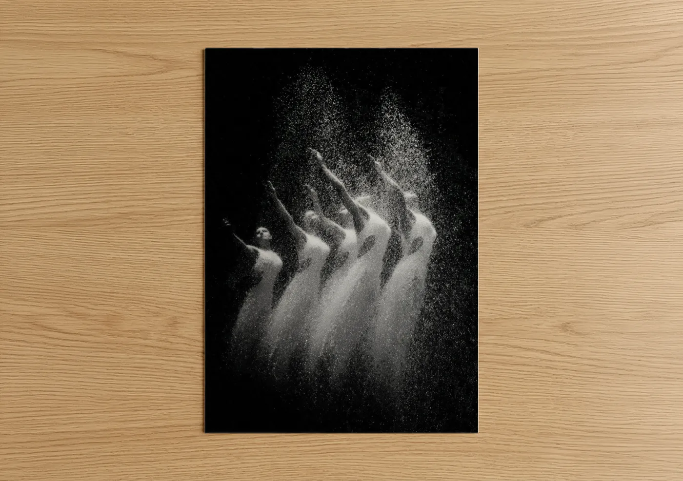 Synchronized swimming art print on warm oak wood — black and white palette — Liquid Grace poster