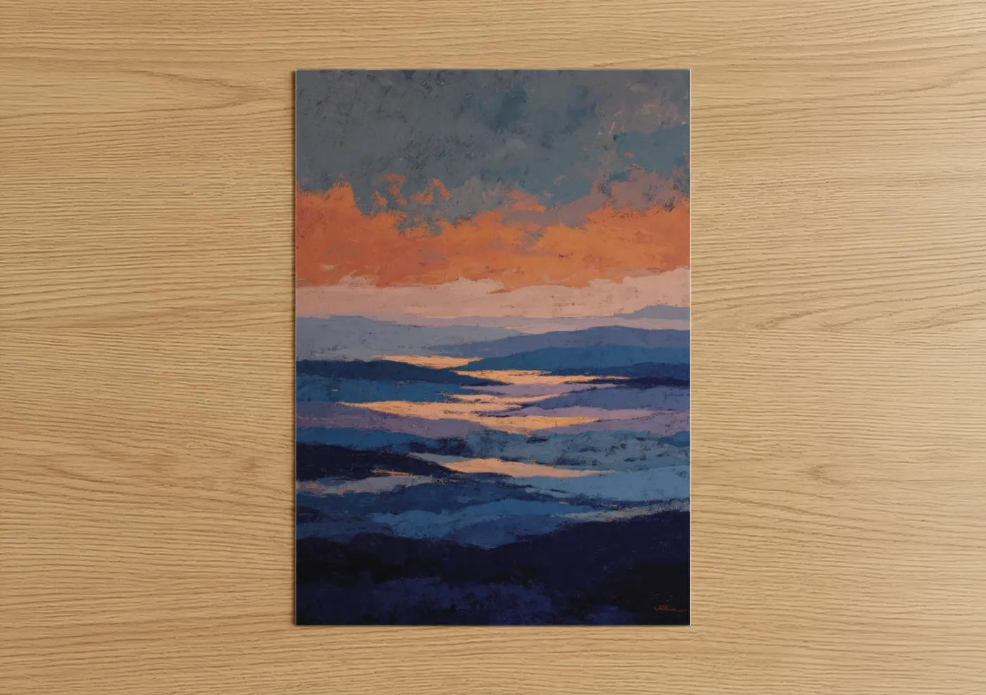 Blue ridge mountains art print on warm oak wood — orange and blue palette — Crimson Mountain Sunrise poster