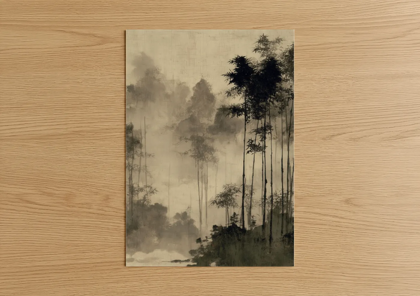 Bamboo jungle art print on warm oak wood — black and white and beige palette — Misty Bamboo Forest poster