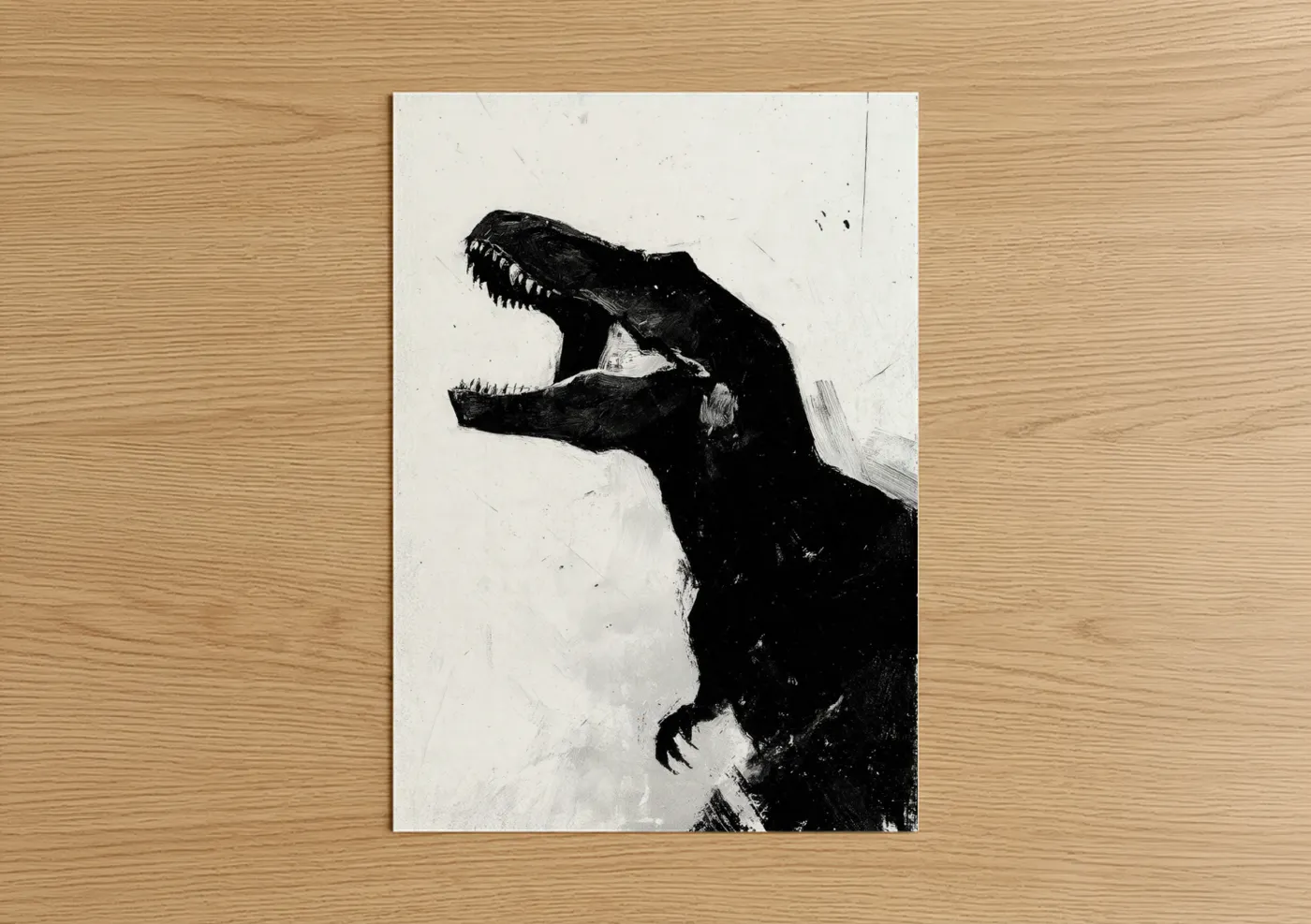 Art print on warm oak wood — black and white palette — Fierce Dinosaur poster