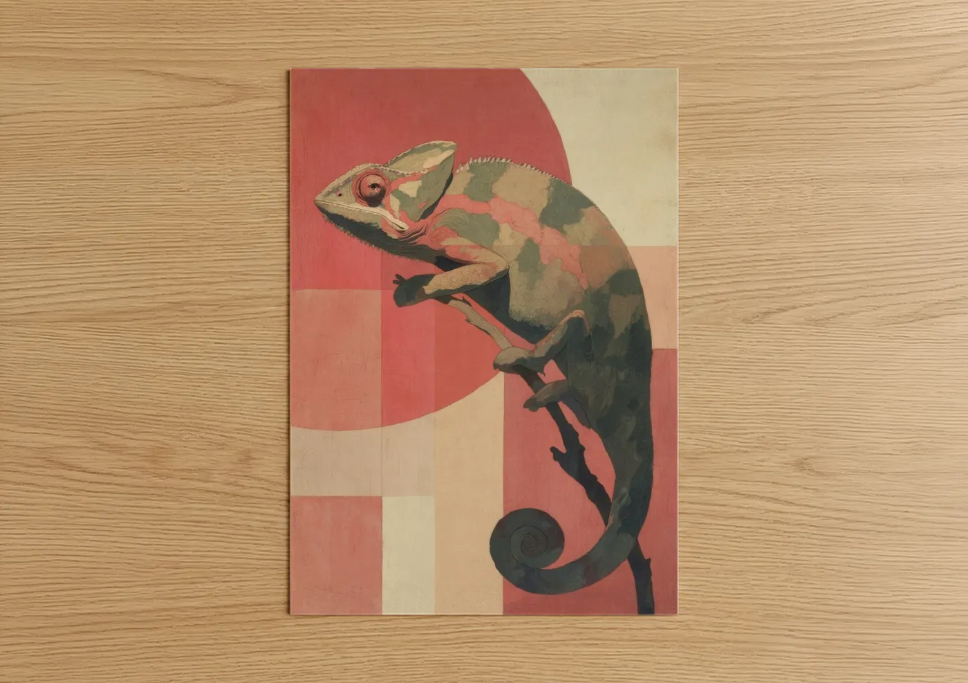 Art print on warm oak wood — sage green palette — Geometric Chameleon poster
