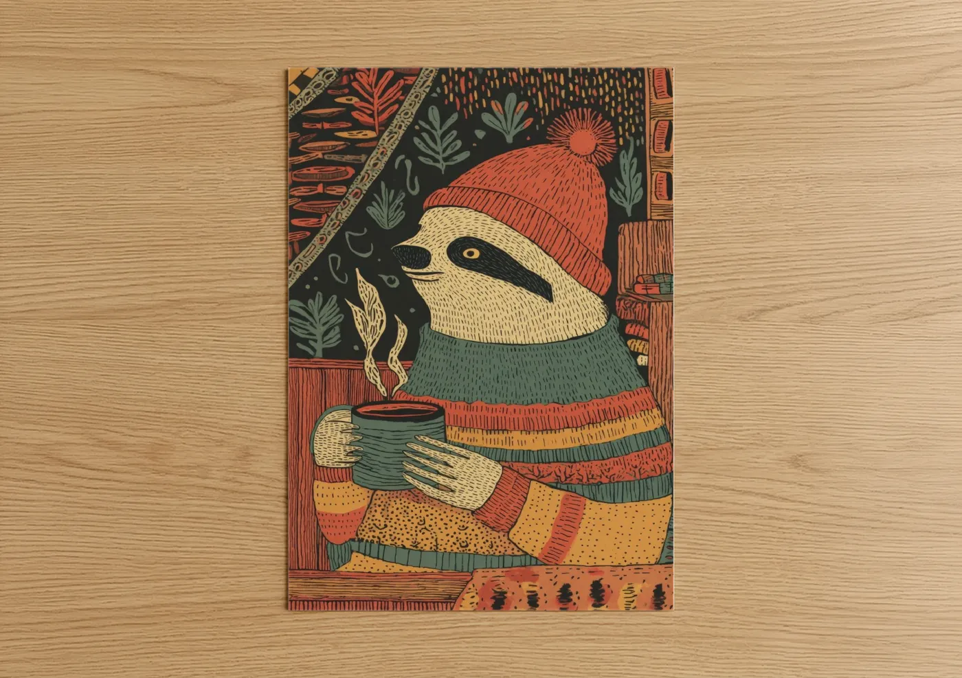 Art print on warm oak wood — orange and green palette — Cozy Sloth poster