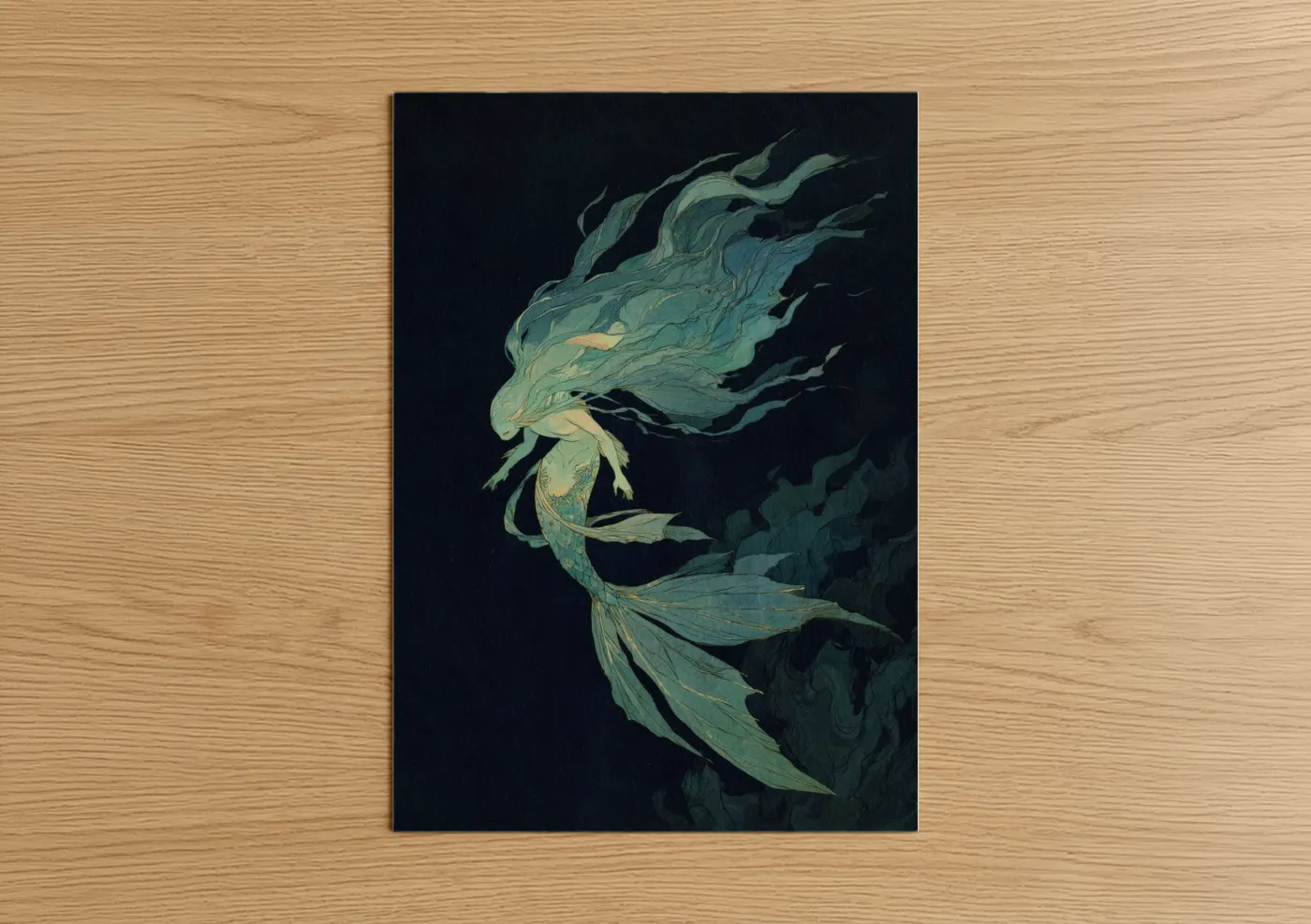 Art print on warm oak wood — teal and gold palette — Ethereal Sea Mermaid poster