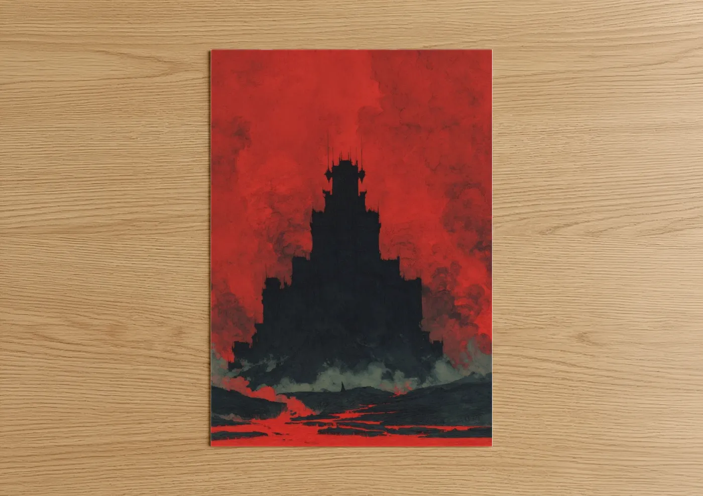 Art print on warm oak wood — red and black palette — Crimson Castle Silhouette poster