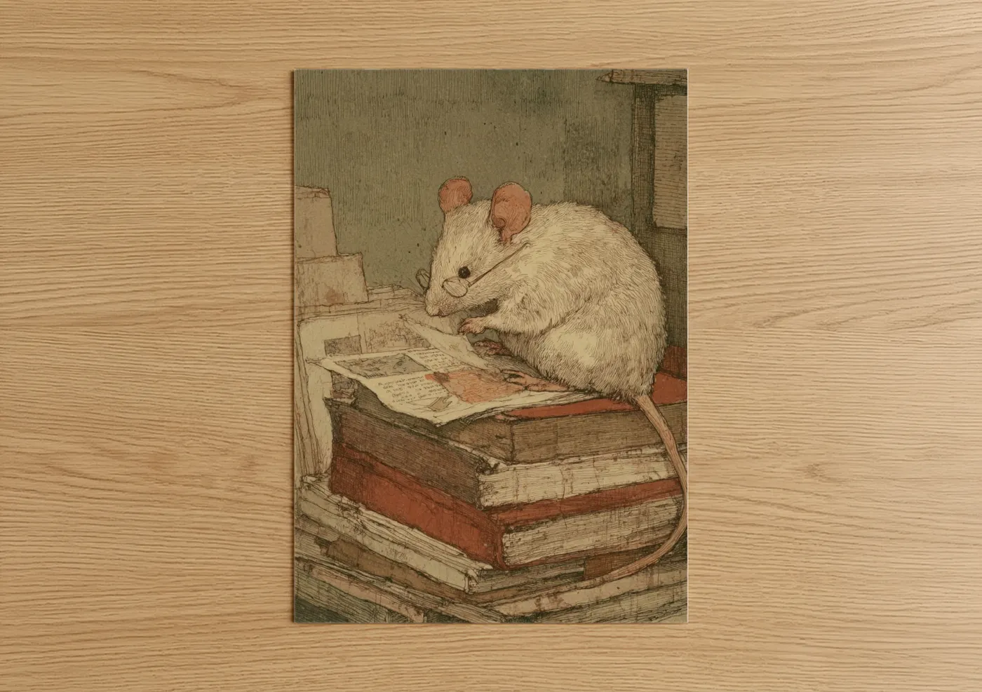 Mice art print on warm oak wood — beige and russet palette — Scholarly Mouse poster