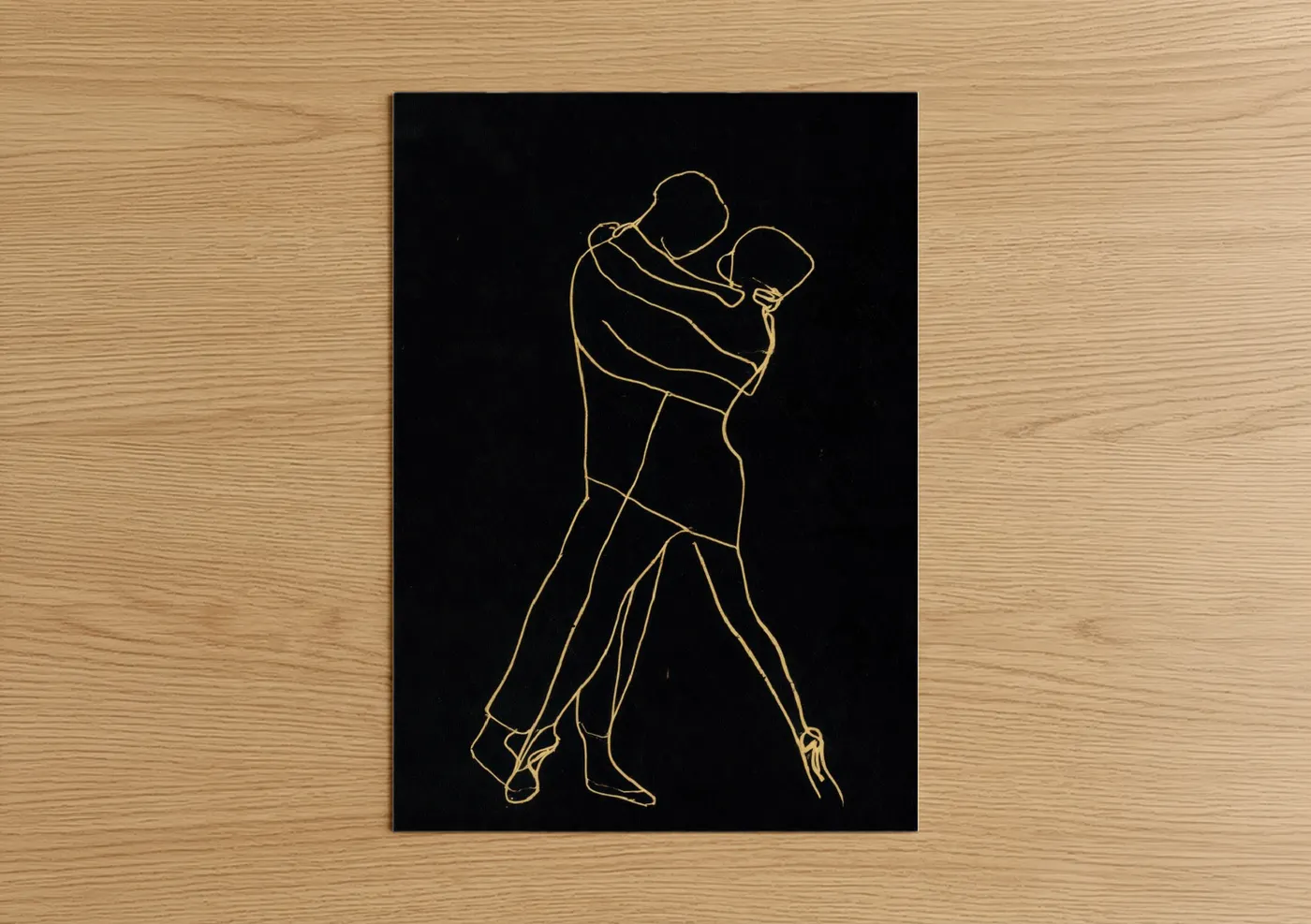 Art print on warm oak wood — gold and black palette — Golden Salsa Dancers poster