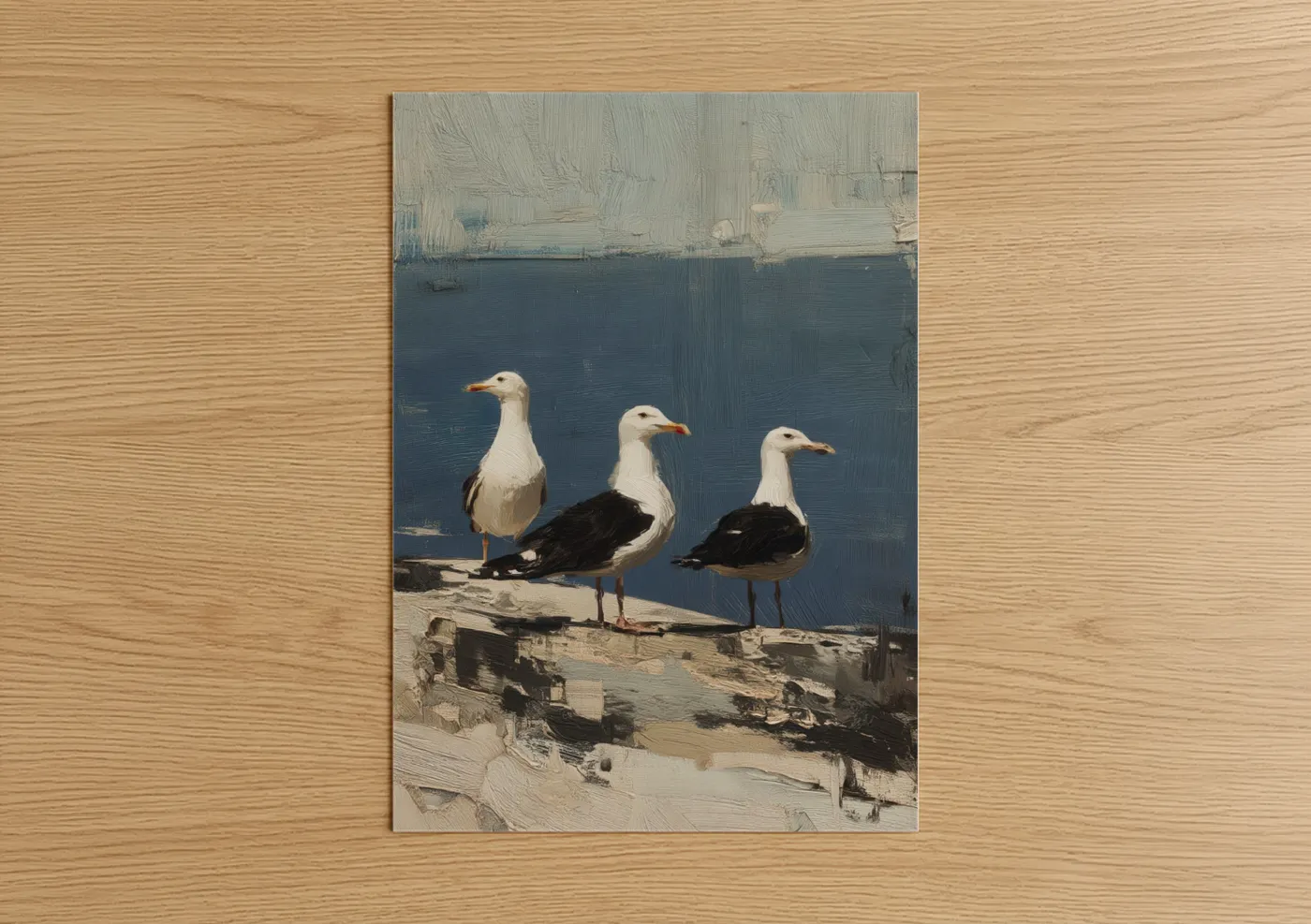 Art print on warm oak wood — blue and white and dove gray palette — Waterside Seagulls poster