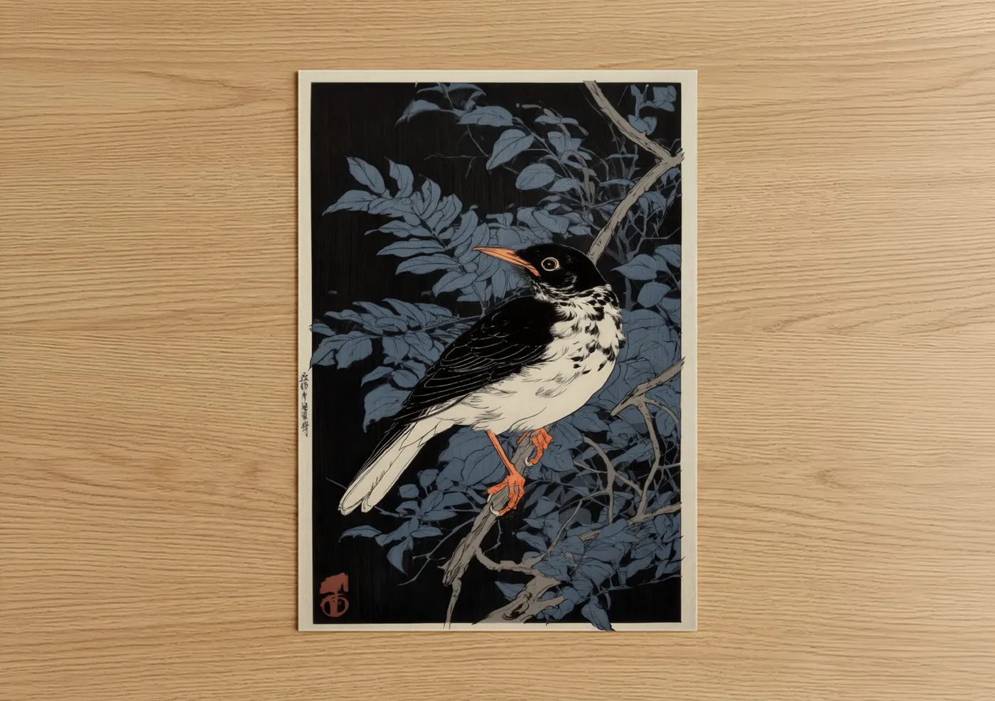 Spotted Thrush Japanese Woodblock Wall Art