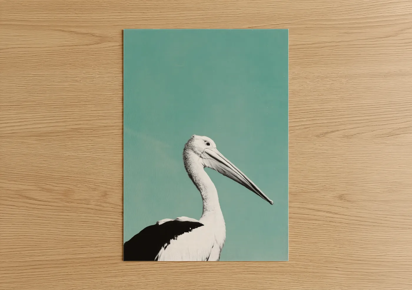 Art print on warm oak wood — turquoise and white palette — Turquoise Pelican poster