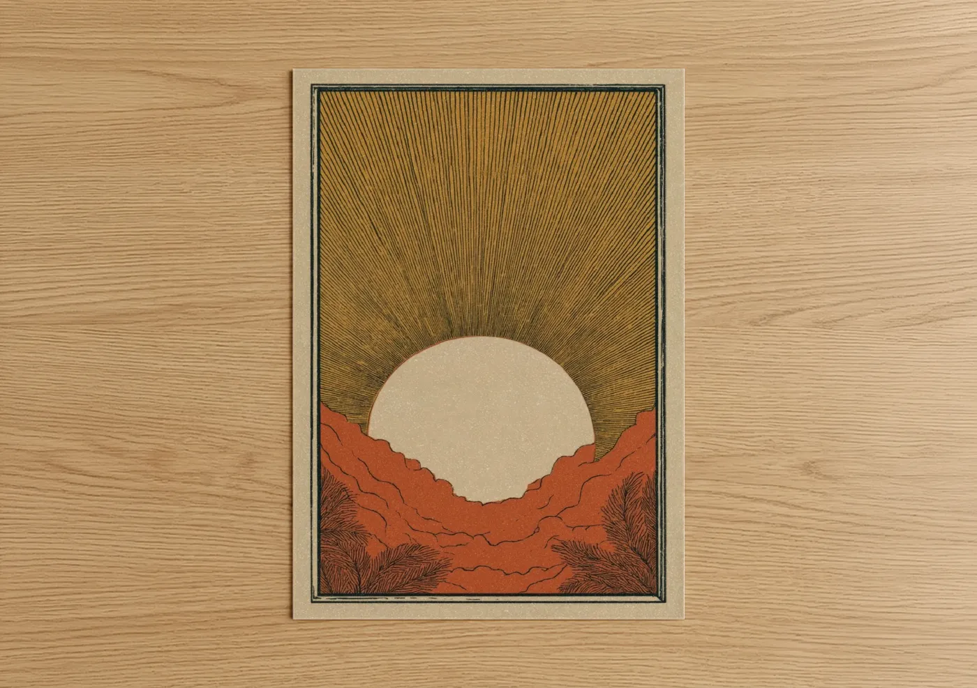 Card game art print on warm oak wood — yellow gold and russet palette — Desert Sunrise poster