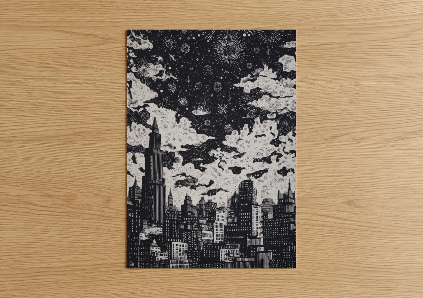 New years eve art print on warm oak wood — black and white palette — Midnight Cityscape poster