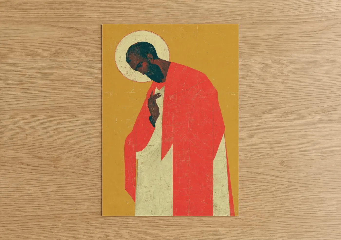 St. paul art print on warm oak wood — gold and red palette — Crimson Saint Paul poster