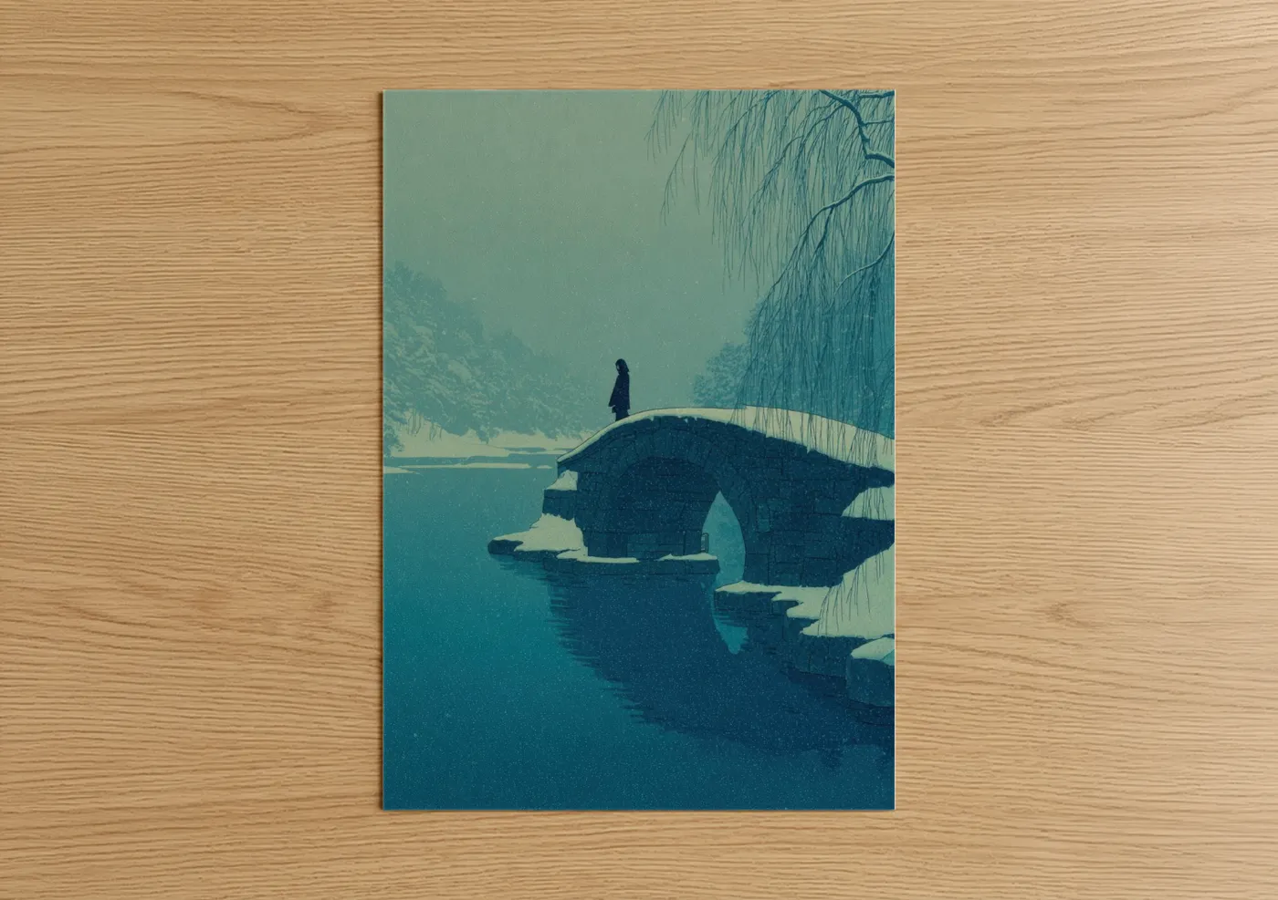 Art print on warm oak wood — teal and dark blue palette — Solitary Ghost Bridge poster