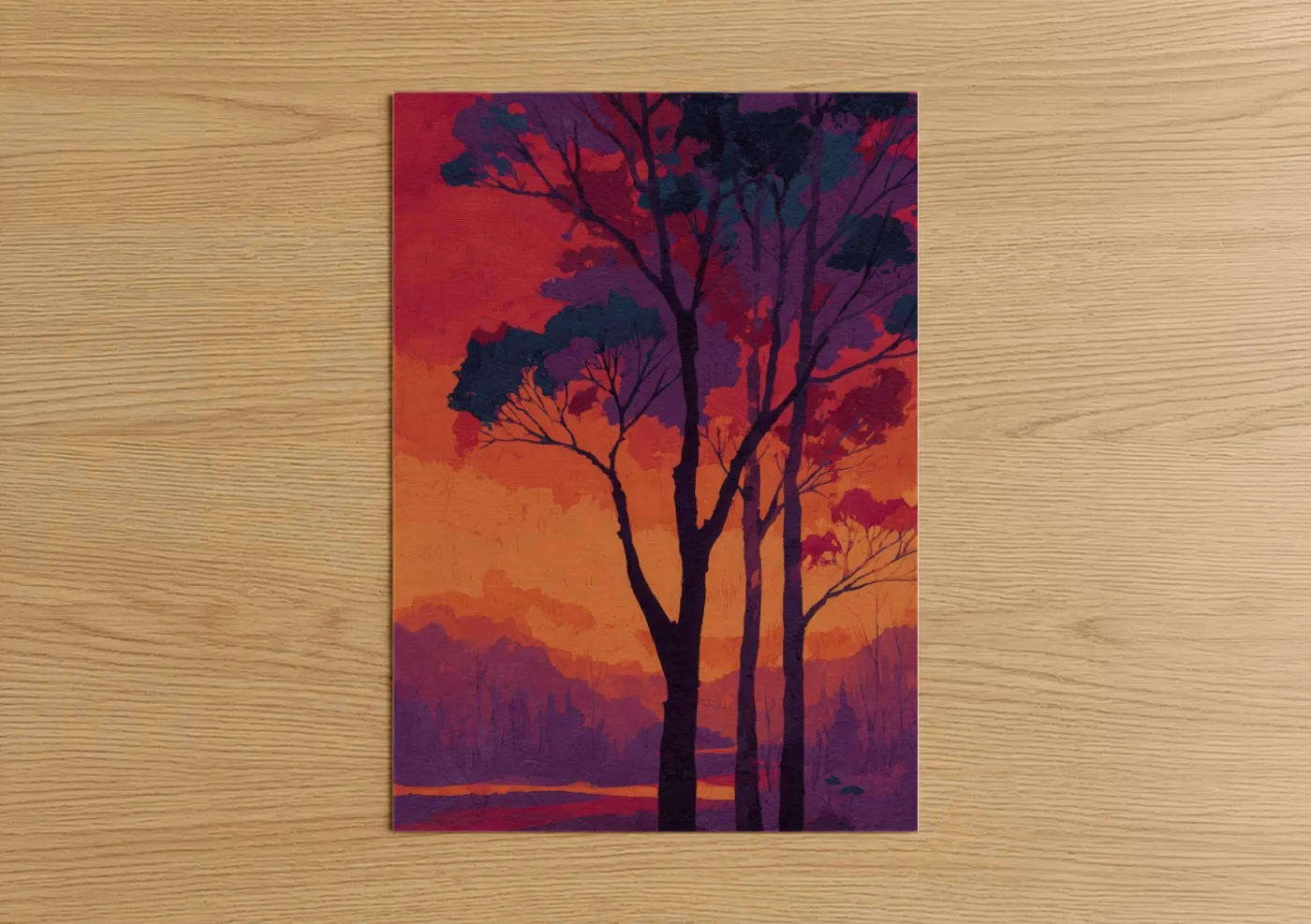 Arbutus tree art print on warm oak wood — red and orange palette — Crimson Arbutus Sunset poster