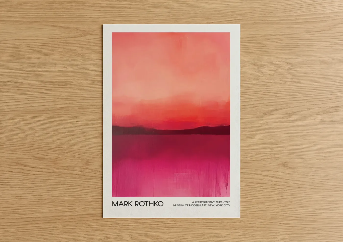 Abstract classic art print on warm oak wood — magenta and salmon pink palette — Crimson Horizon poster