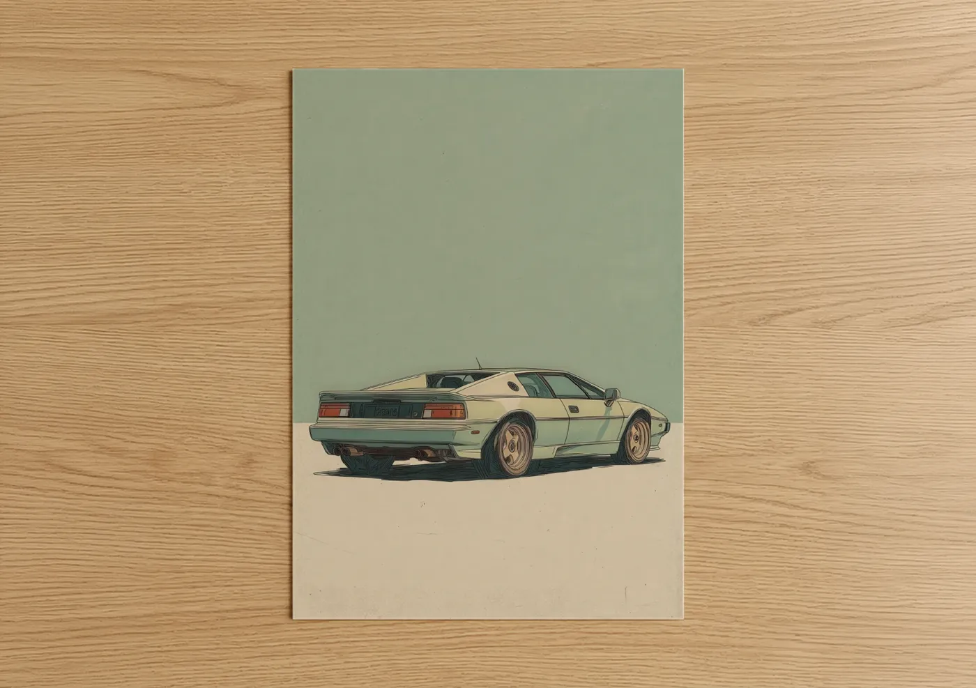 Sports car art print on warm oak wood — light green and cream palette — Mint Speedster poster